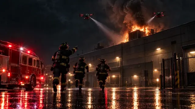 Concept illustration: firefighters run toward a warehouse fire in the rain as two Caligo drones cool the rooftop fire from the roof edge.