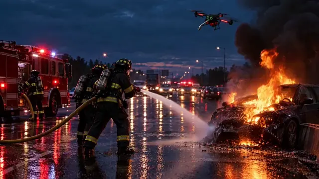 Concept illustration: firefighters put a hose line on a burning car on a highway while a Caligo drone watches the scene from above.