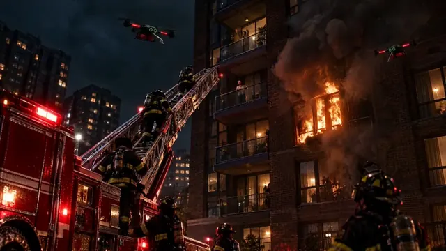 Concept illustration: firefighters climb an aerial ladder toward residents waving from their balconies while Caligo drones hold position beside the burning tower.