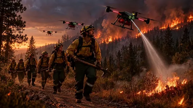 Concept illustration: a wildland hand crew advances up a fire road at dusk while Caligo drones fly ahead to the ridge, one cooling a spot fire from a safe distance.