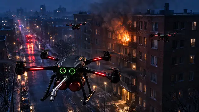 Concept illustration: a Caligo C360 drone arriving at a burning apartment block while a fire engine is still far down the street.