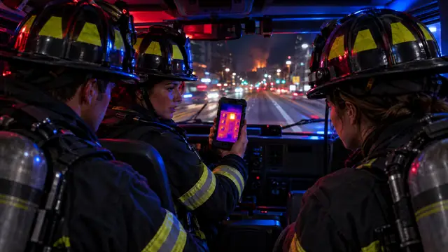Concept illustration: in the cab of a moving fire engine, an officer turns to show two firefighters a thermal picture of the building on her phone.
